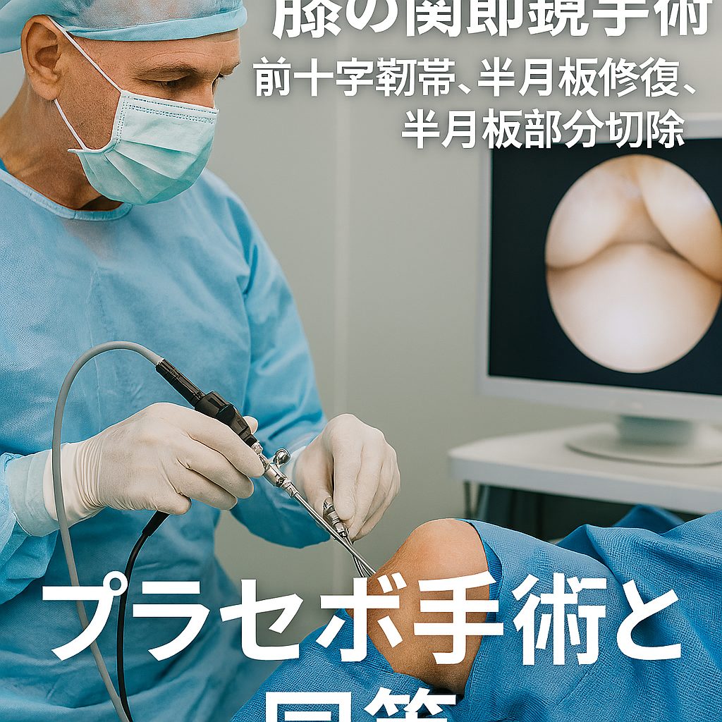 膝の関節鏡手術を行う医師と、モニターに映る膝関節内部の映像。プラセボ手術との比較を示す医療現場の様子。