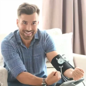 血圧計を巻いて笑顔の男性