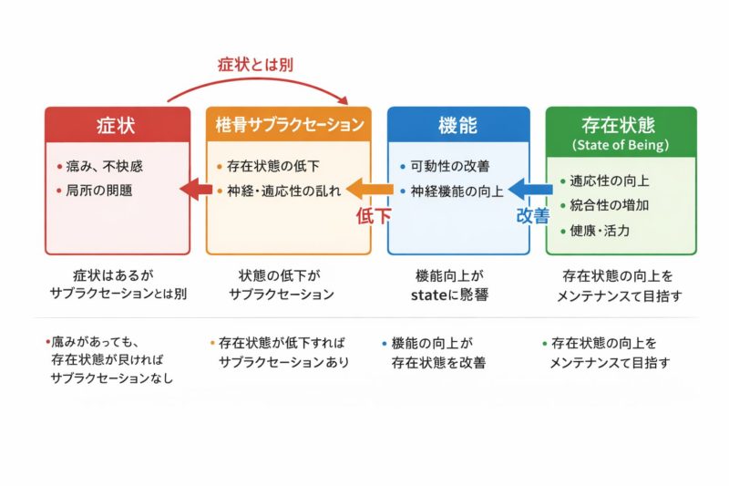 「症状 vs サブラクセーション vs 機能 vs state-of-being」 の関係